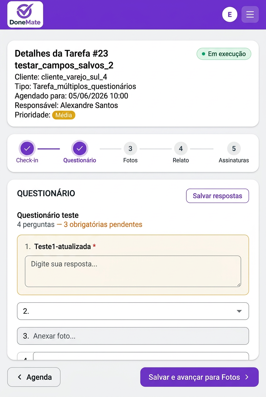 DoneMate: Preenchimento de questionário com etapas Check-in e Questionário concluídas