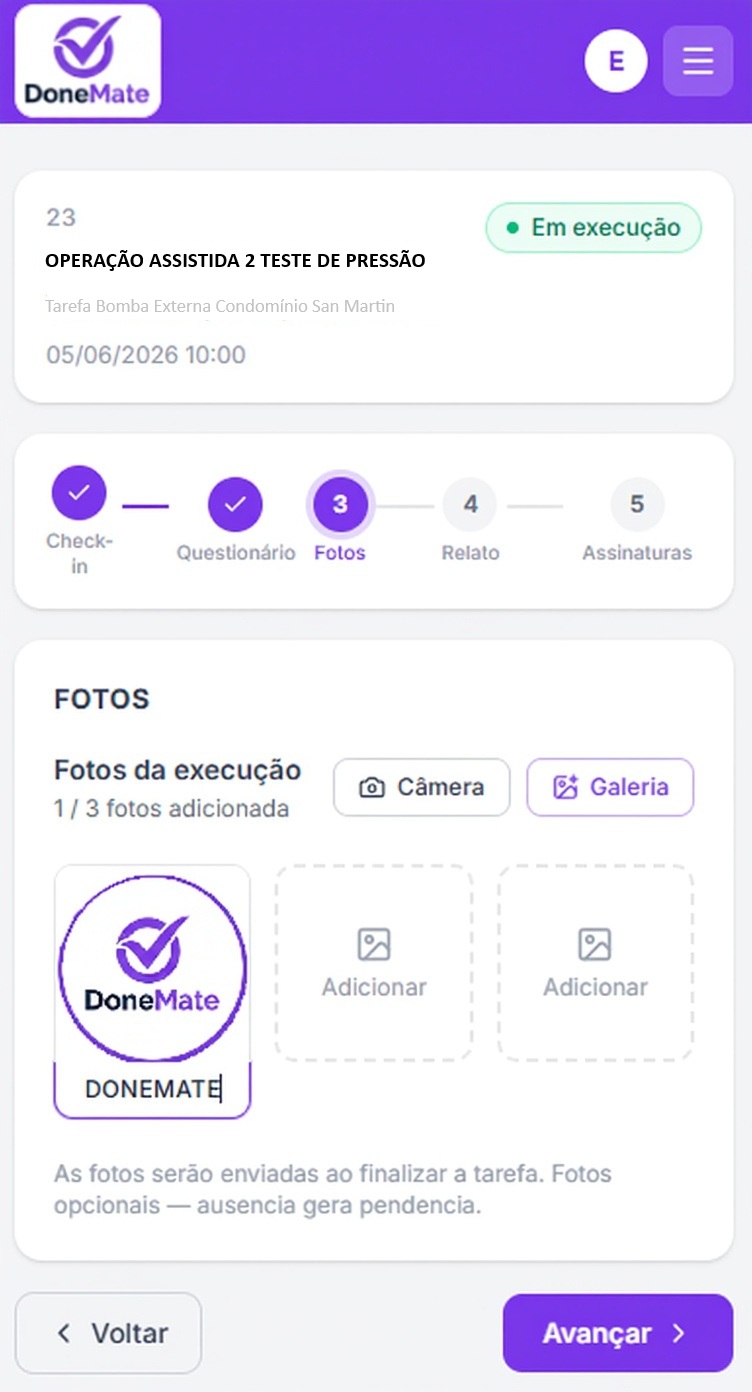 DoneMate: Etapa de Fotos da execução com 1 de 3 fotos adicionada e opções de Câmera e Galeria
