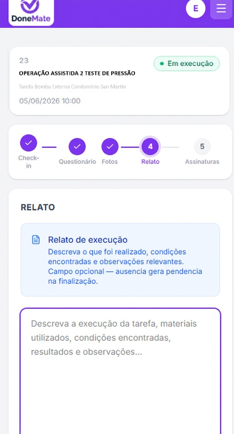 DoneMate: Etapa de Relato com campo de texto para descrever a execução da tarefa