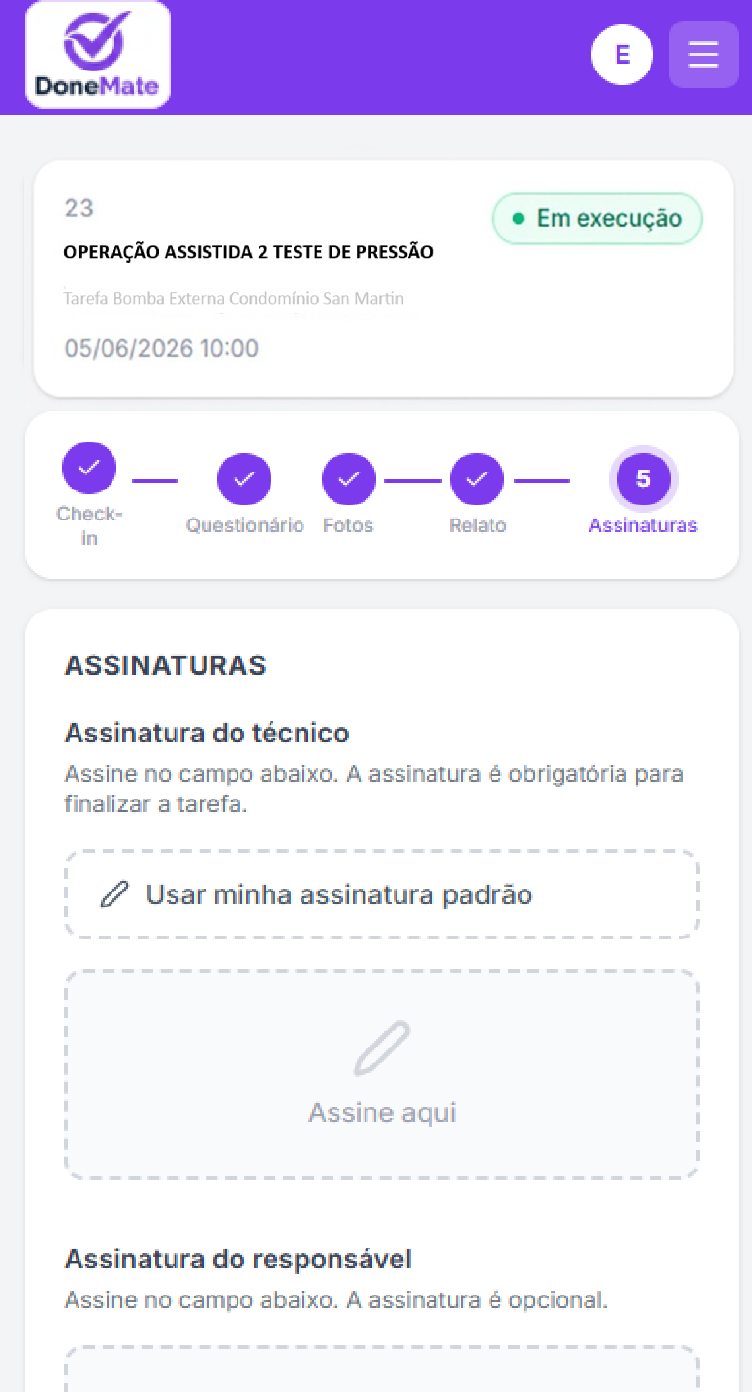 DoneMate: Coleta de assinaturas do técnico e responsável